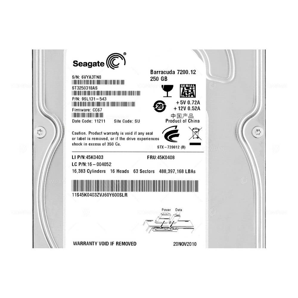 45K0408  LENOVO 250GB 7.2K 3G SATA 3.5 LFF HARD DRIVE